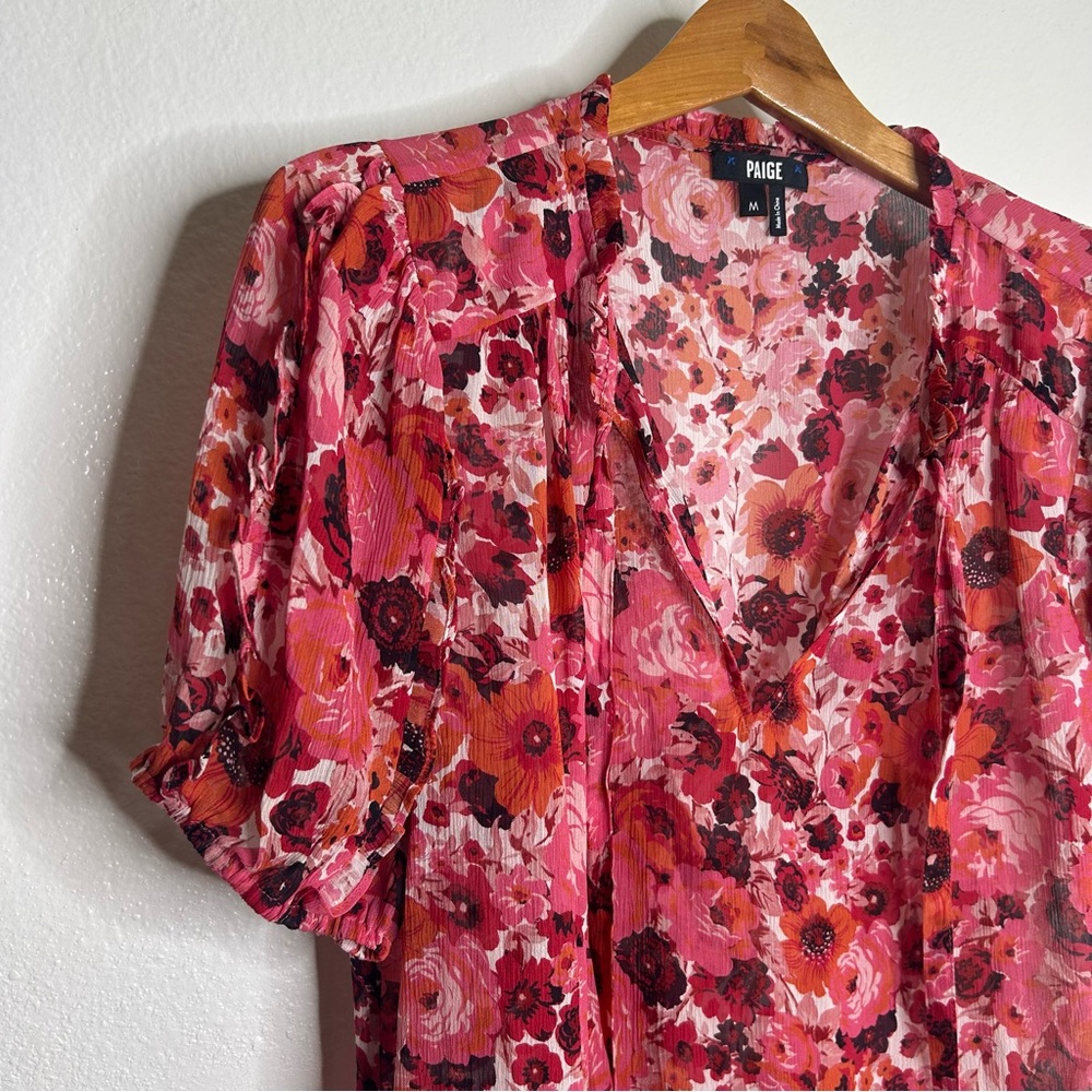PAIGE 100% Silk Pink Floral Short Sleeve Flowy V- Neck Blouse Top